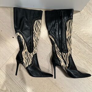 Zebra Black and Cream Studded Women's High Heel Boots